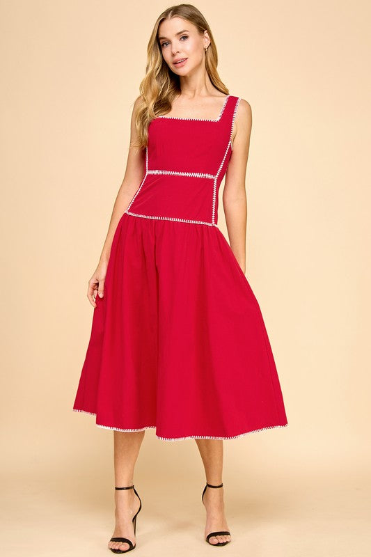 SQUARE NECK WHIPSTITCH MIDI DRESS IN RED