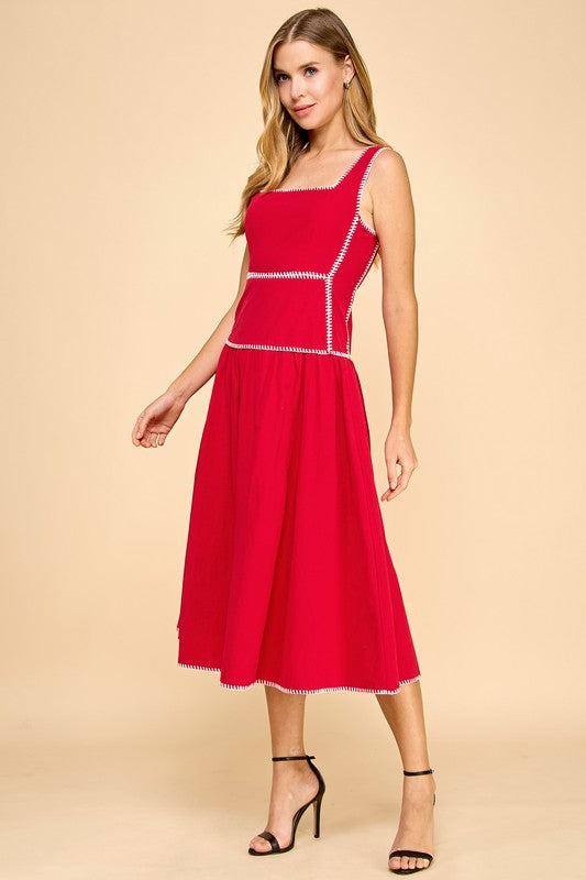 SQUARE NECK WHIPSTITCH MIDI DRESS IN RED