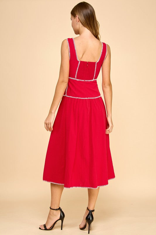 SQUARE NECK WHIPSTITCH MIDI DRESS IN RED