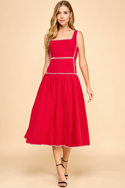 SQUARE NECK WHIPSTITCH MIDI DRESS IN RED