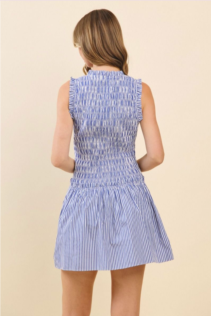 STRIPED V-NECK SMOCKED MINI DRESS IN BLUE