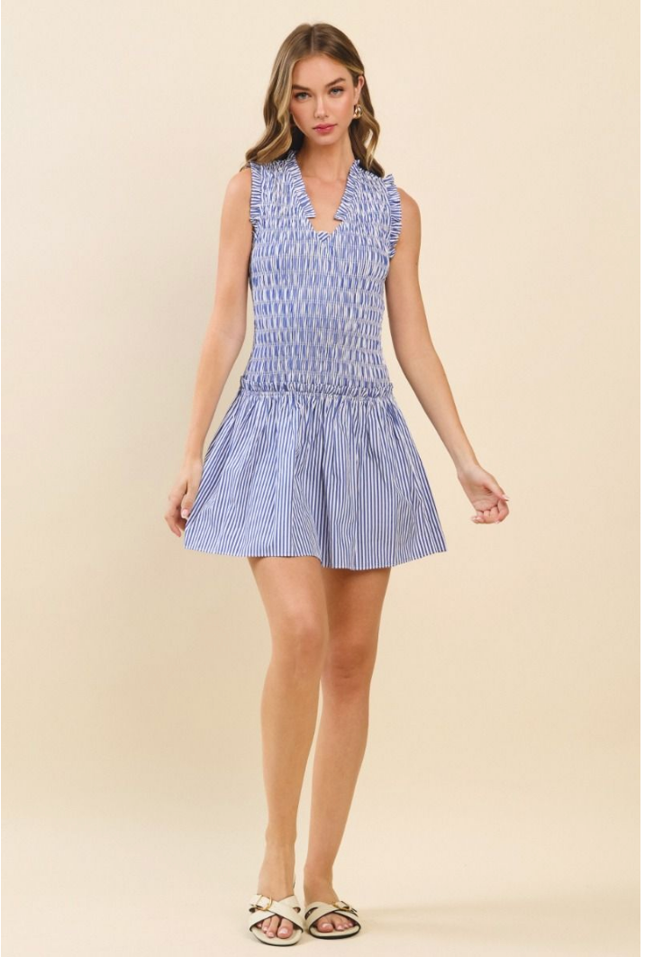 STRIPED V-NECK SMOCKED MINI DRESS IN BLUE