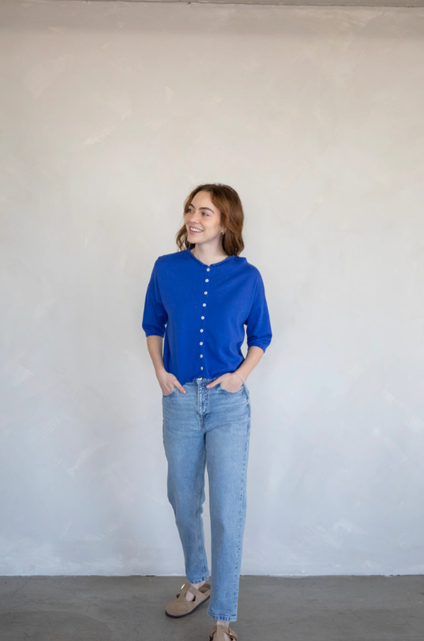 MAREN SHORT SLEEVE CARDIGAN IN COBALT BLUE
