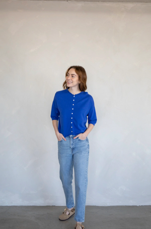 MAREN SHORT SLEEVE CARDIGAN IN COBALT BLUE