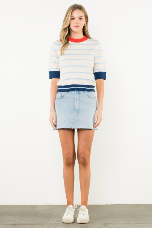 COLORBLOCK RIB TRIM STRIPED KNIT TOP