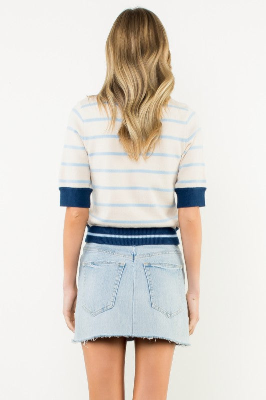 COLORBLOCK RIB TRIM STRIPED KNIT TOP