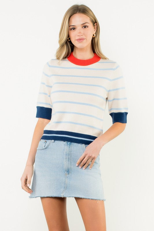 COLORBLOCK RIB TRIM STRIPED KNIT TOP