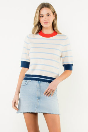 COLORBLOCK RIB TRIM STRIPED KNIT TOP