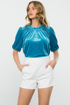 DARLENE SHORT SLEEVE VELVET TOP IN BLUE