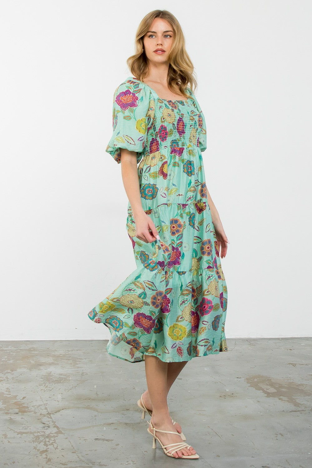 LOXLEY PUFF SLEEVE FLOWER PRINT DRESS IN SAGE