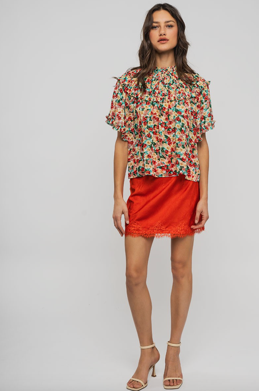 CELESTE LACE MINI SKIRT IN CORAL RED