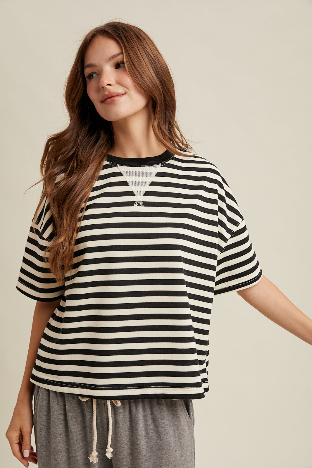 HARPER STRIPED TEE IN BLACK AND  CREAM