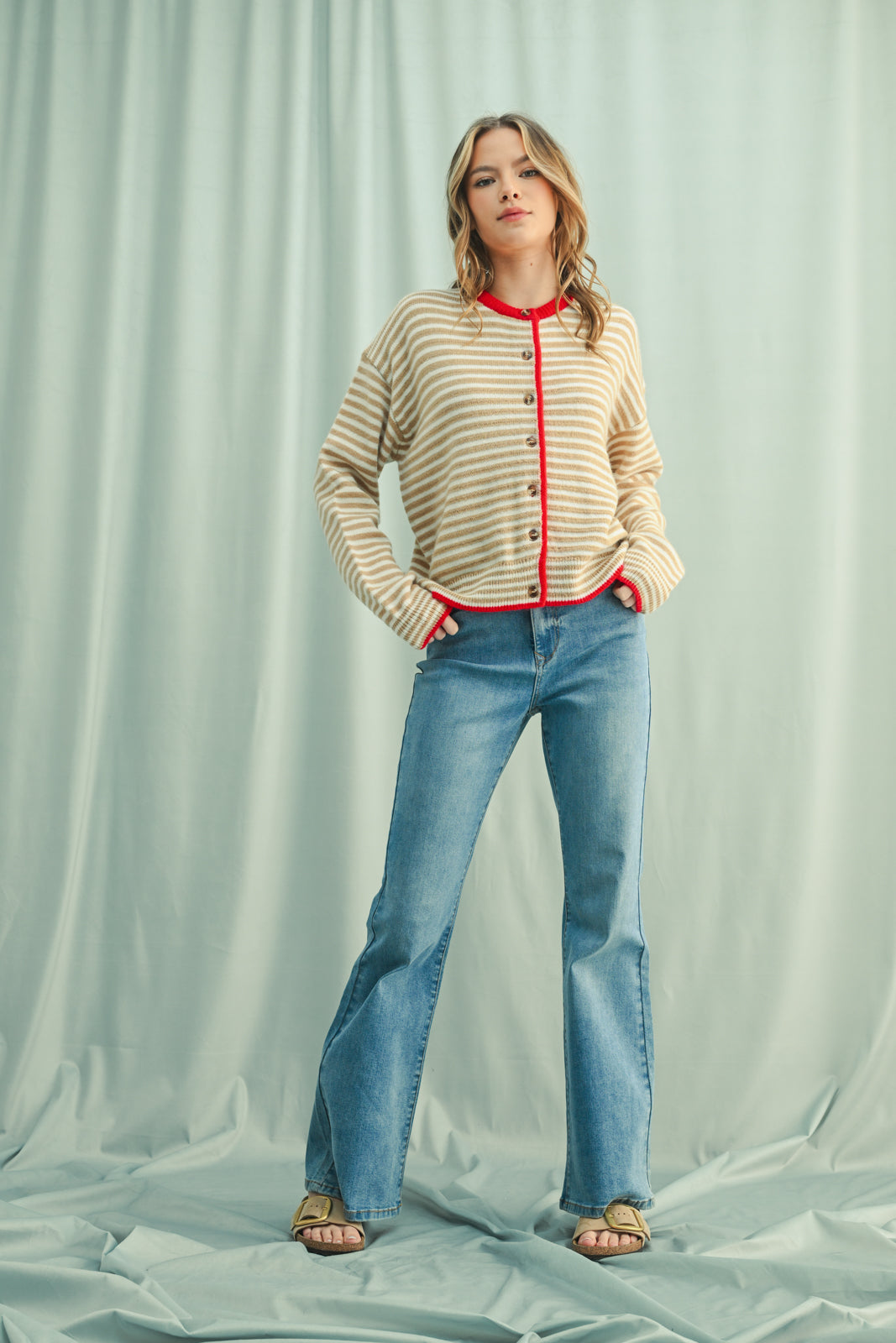MARGOT STRIPED CARDIGAN IN TAUPE RED