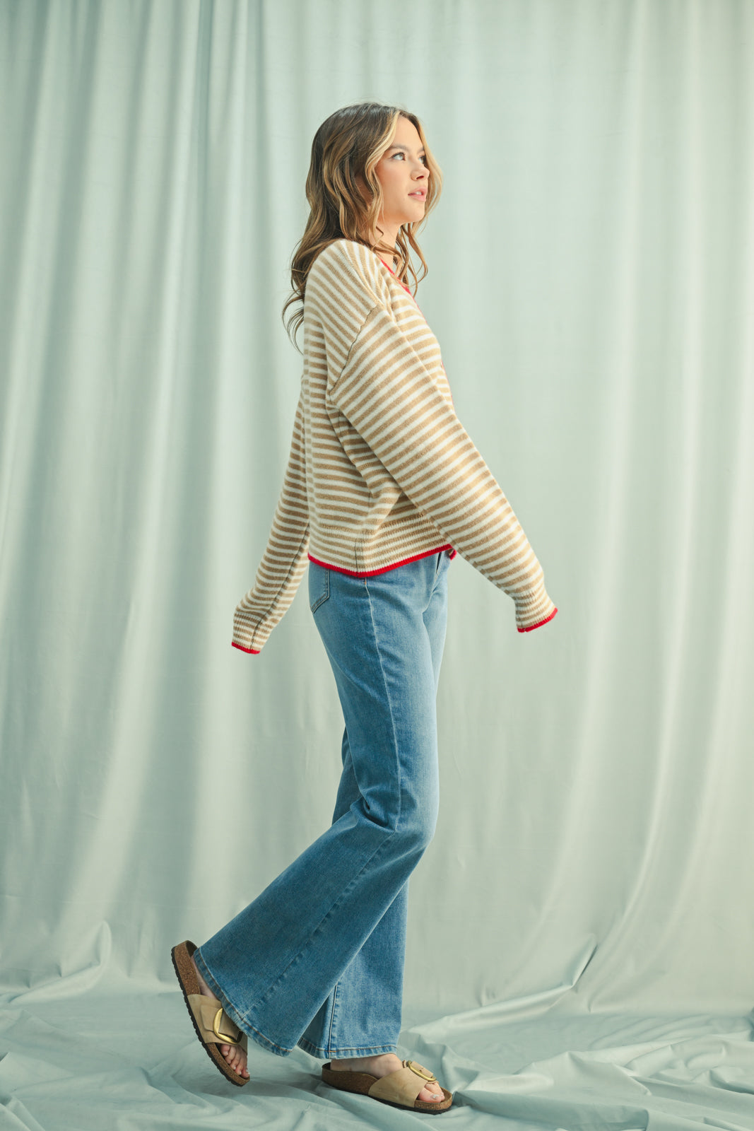 MARGOT STRIPED CARDIGAN IN TAUPE RED