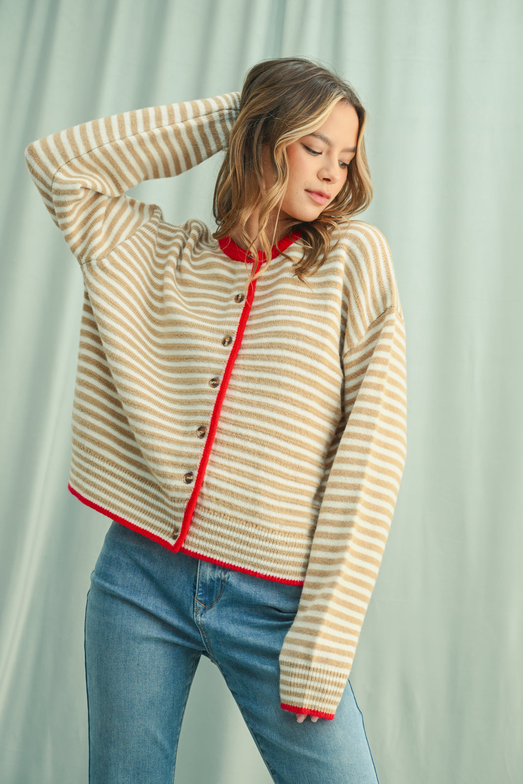 MARGOT STRIPED CARDIGAN IN TAUPE RED