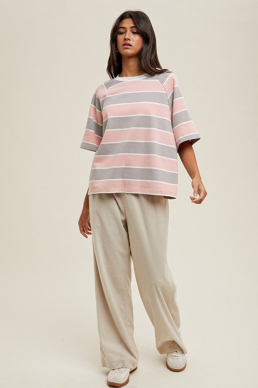 OVERSIZED STRIPED KNIT TOP IN BLUSH AND GREY