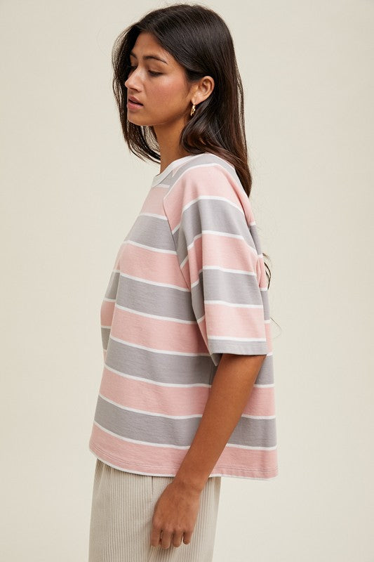 OVERSIZED STRIPED KNIT TOP IN BLUSH AND GREY