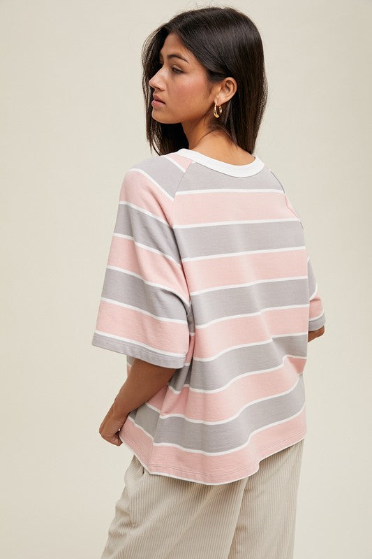 OVERSIZED STRIPED KNIT TOP IN BLUSH AND GREY