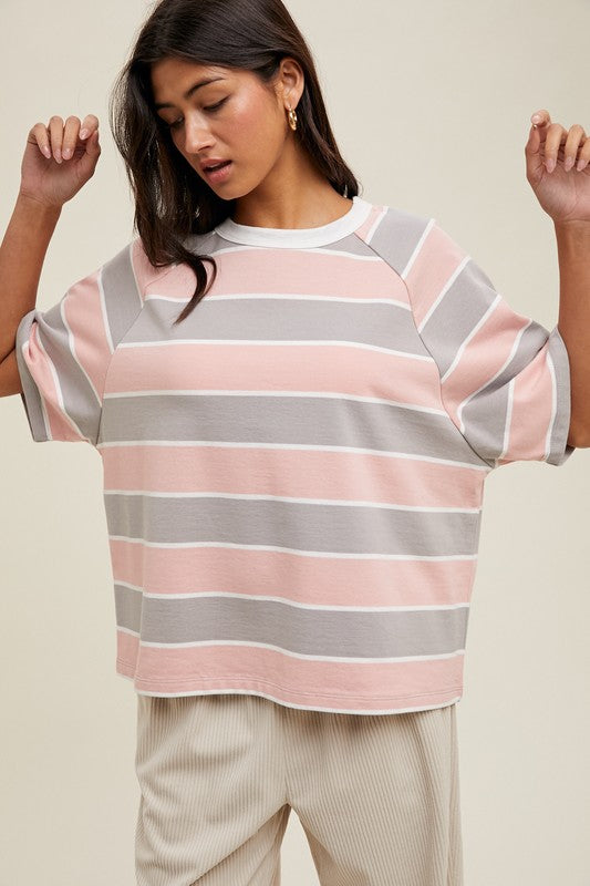 OVERSIZED STRIPED KNIT TOP IN BLUSH AND GREY