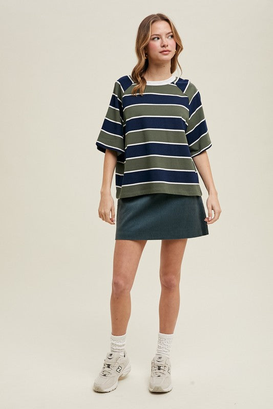 OVERSIZED STRIPED KNIT TOP IN OLIVE AND NAVY