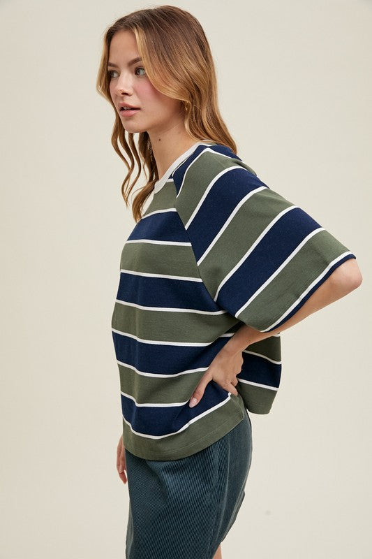 OVERSIZED STRIPED KNIT TOP IN OLIVE AND NAVY