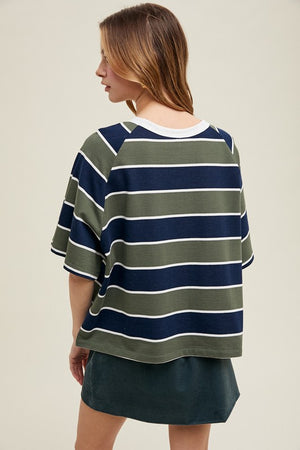 OVERSIZED STRIPED KNIT TOP IN OLIVE AND NAVY