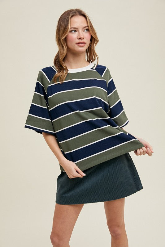 OVERSIZED STRIPED KNIT TOP IN OLIVE AND NAVY
