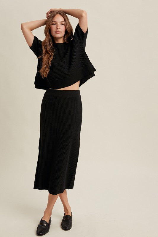RIBBED KNIT SWEATER TOP AND SKIRT SET IN BLACK