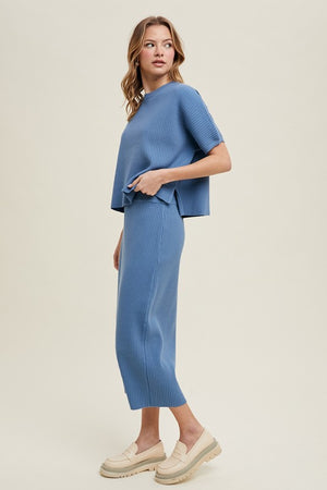 RIBBED KNIT SWEATER TOP AND SKIRT SET IN PACIFIC