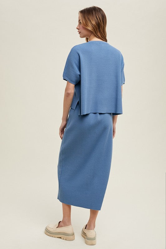 RIBBED KNIT SWEATER TOP AND SKIRT SET IN PACIFIC