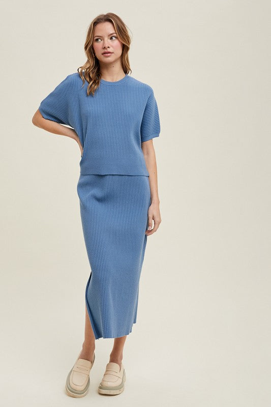 RIBBED KNIT SWEATER TOP AND SKIRT SET IN PACIFIC