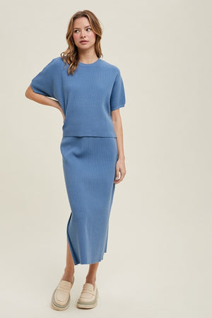 RIBBED KNIT SWEATER TOP AND SKIRT SET IN PACIFIC