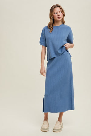RIBBED KNIT SWEATER TOP AND SKIRT SET IN PACIFIC