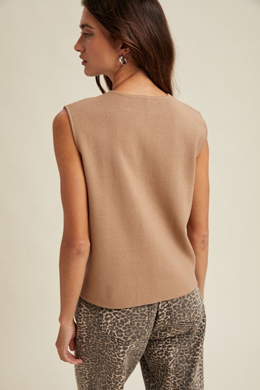 SLEEVELESS BUTTON UP SWEATER VEST IN MOCHA
