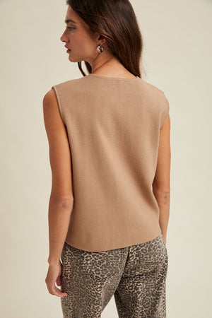 SLEEVELESS BUTTON UP SWEATER VEST IN MOCHA