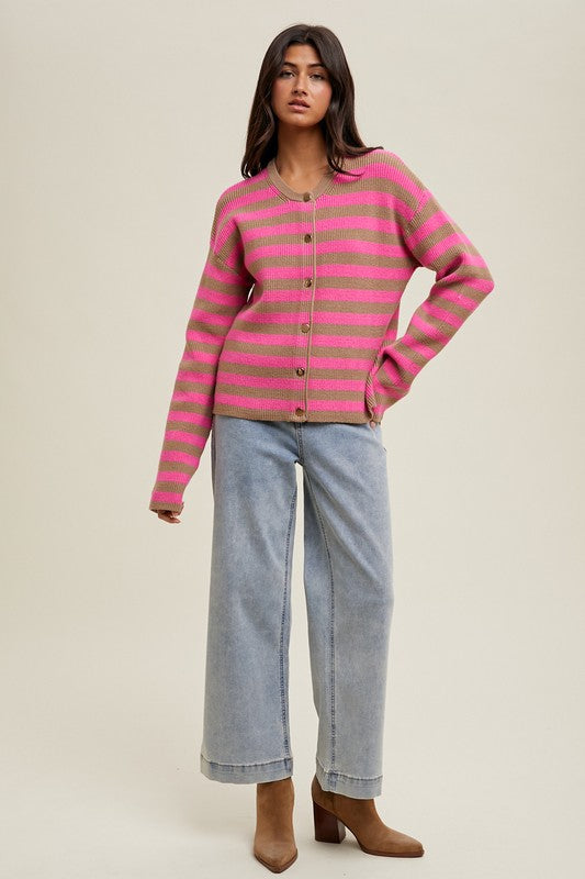 STRIPED BUTTON UP SWEATER CARDIGAN IN MOCHA AND PUNCH