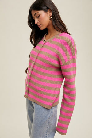 STRIPED BUTTON UP SWEATER CARDIGAN IN MOCHA AND PUNCH