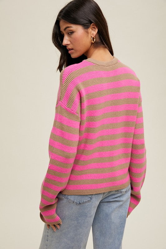 STRIPED BUTTON UP SWEATER CARDIGAN IN MOCHA AND PUNCH