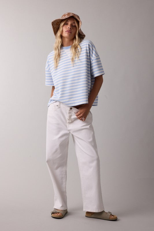 STRIPED FRENCH TERRY BOXY TOP IN SKY AND WHITE