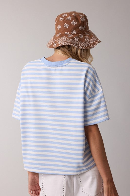 STRIPED FRENCH TERRY BOXY TOP IN SKY AND WHITE