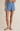 Person wearing blue shorts on a beige background