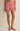 Red and white striped shorts worn by a person on a beige background