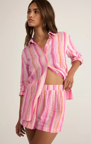 Z SUPPLY MORNING STRIPE GAUZE SHORT IN PINK AND ORANGE