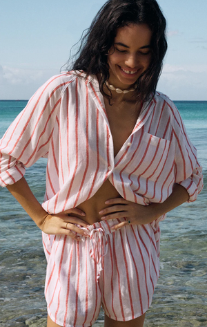 Z SUPPLY PERFECT LINEN STRIPED TOP IN CABANA RED