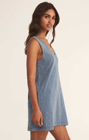 Z SUPPLY SLOANE V NECK KNIT DENIM DRESS IN MEDIUM INDIGO