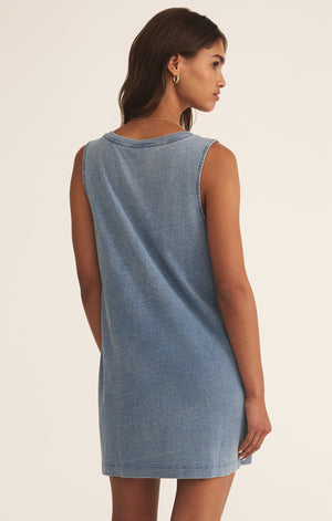 Z SUPPLY SLOANE V NECK KNIT DENIM DRESS IN MEDIUM INDIGO