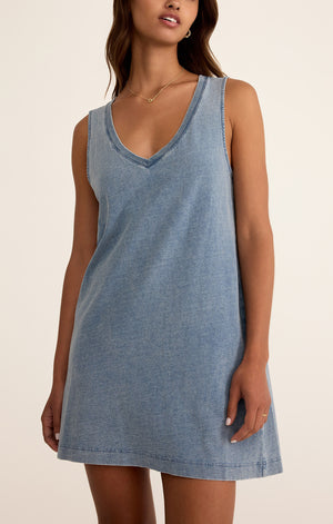 Z SUPPLY SLOANE V NECK KNIT DENIM DRESS IN MEDIUM INDIGO
