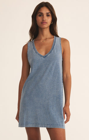 Z SUPPLY SLOANE V NECK KNIT DENIM DRESS IN MEDIUM INDIGO