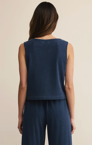 Z SUPPLY SOLACE V-NECK JERSEY DENIM TANK IN INDIGO