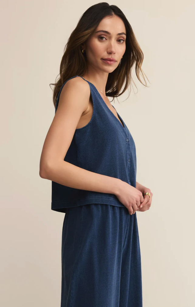 Z SUPPLY SOLACE V-NECK JERSEY DENIM TANK IN INDIGO